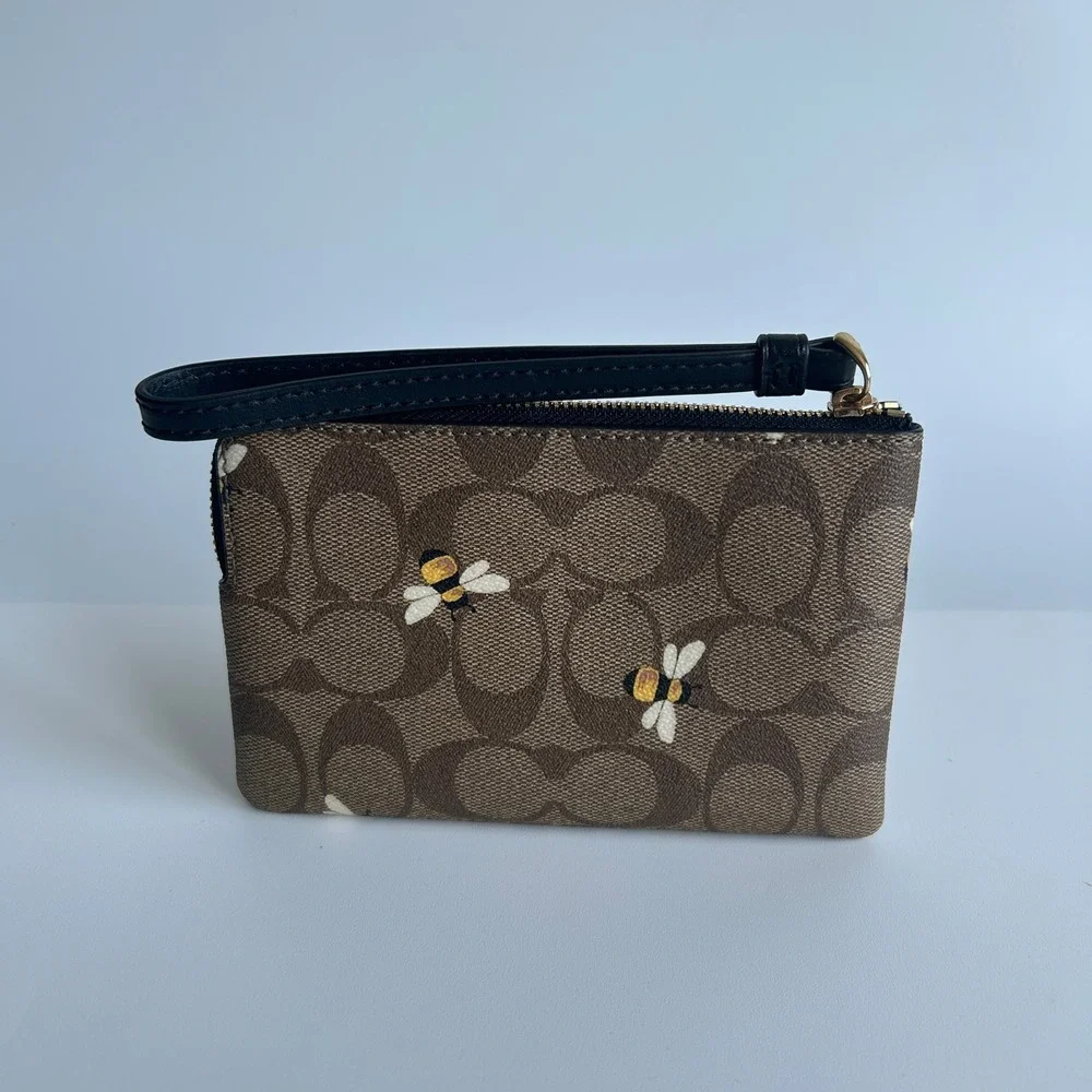 Coach Corner Zip Wristlet Khaki Multi Canvas Bee Print C8674